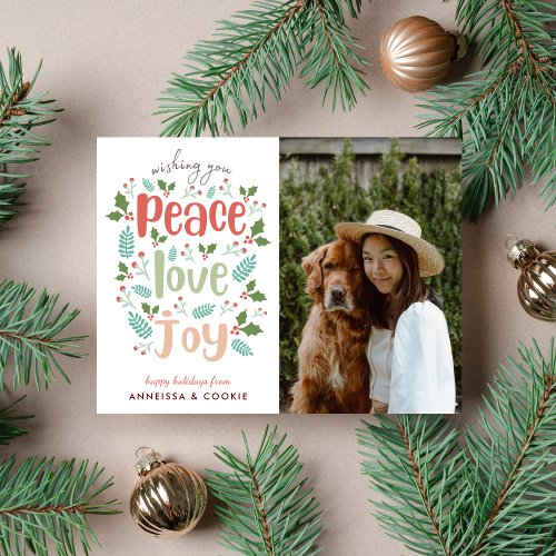 Modern Minimal Peace Love Joy Dog Photo Holiday Card