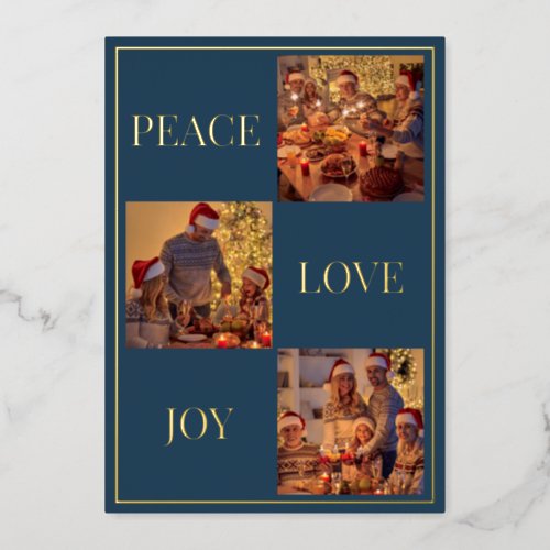 Modern Minimal Peace Love  Joy Family Photo Foil Holiday Card