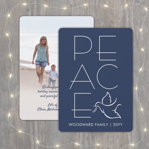 Modern Minimal Peace Navy Blue  White Dove Photo Holiday Card