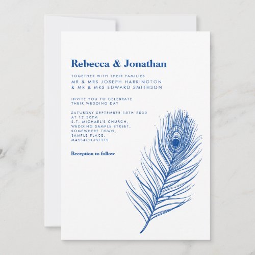 Modern Minimal Peacock Feather Blue Wedding Invitation