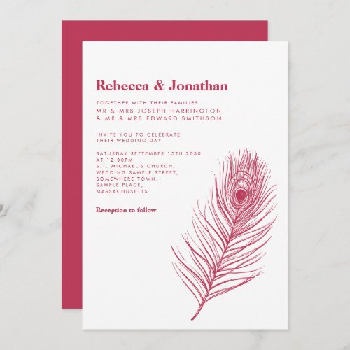 Modern Minimal Peacock Feather Magenta Wedding Invitation