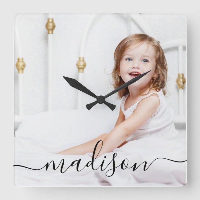 Modern & Minimal Personalized Full Photo & Name Square Wall Clock (Front)