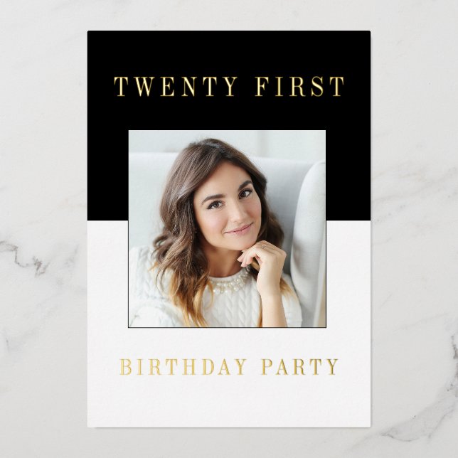 Modern minimal photo 21st birthday  foil invitation (Front)