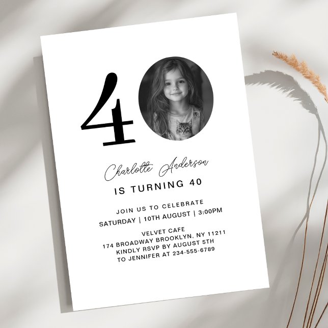 Modern, Minimal, Photo, 40. Birthday  Invitation (Modern, minimal 40. Photo, Script Font, White, Birthday Invitation.)
