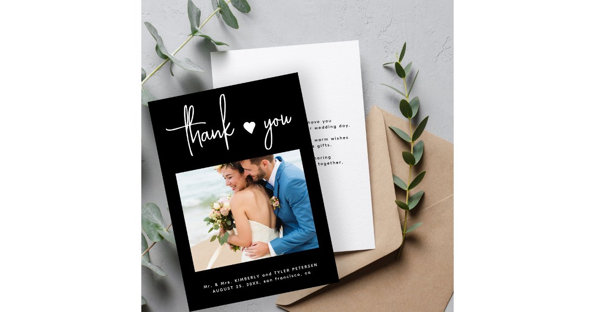 Modern minimal photo black wedding thank you card | Zazzle