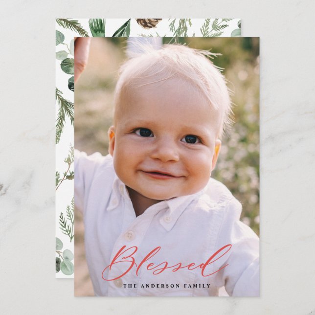 Modern minimal photo blessed Christmas chic script Holiday Card (Front/Back)