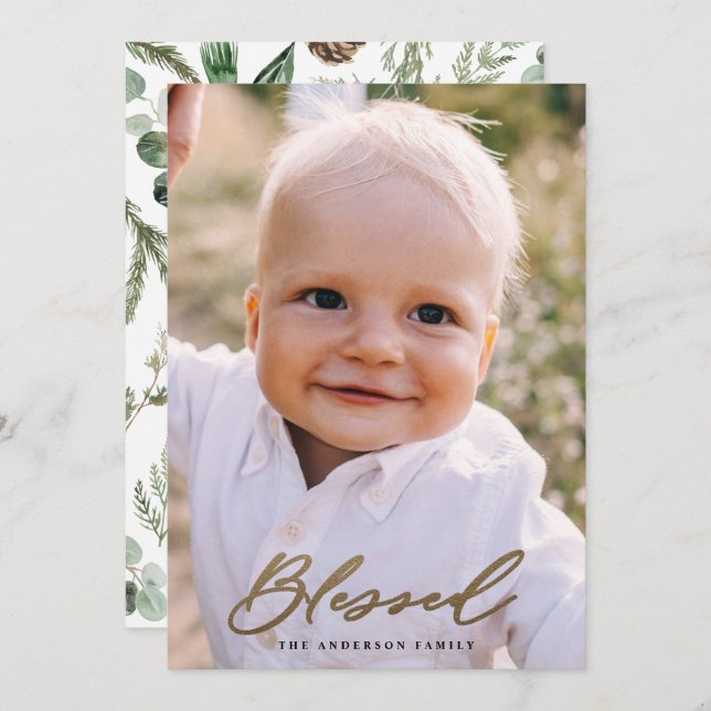 Modern minimal photo blessed Christmas chic script Holiday Card (Front/Back)