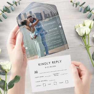 Modern Minimal Photo Boho Arch Sparkle Wedding All In One Invitation