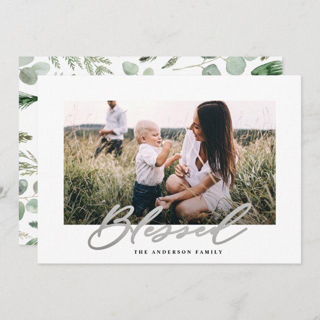 Modern minimal photo Christmas blessed script Holiday Card (Front/Back)