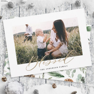 Modern minimal photo Christmas blessed script Holiday Card