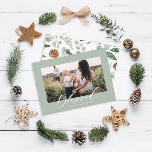 Modern minimal photo Christmas blessed script Holiday Card