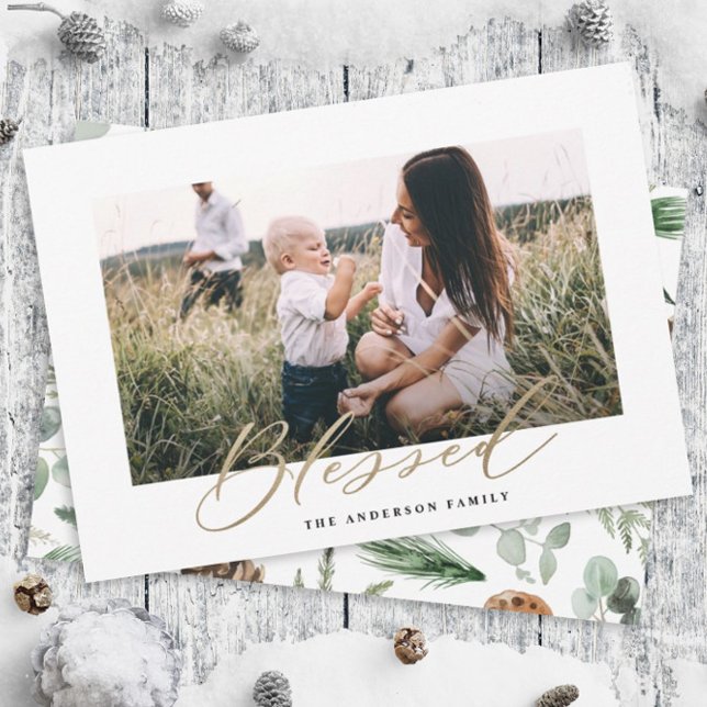 Modern minimal photo Christmas blessed script Holiday Card (Creator Uploaded)