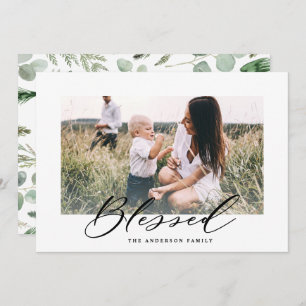 Modern minimal photo Christmas blessed script Holiday Card