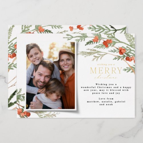 Modern minimal photo Christmas elegant eucalyptus  Foil Holiday Card