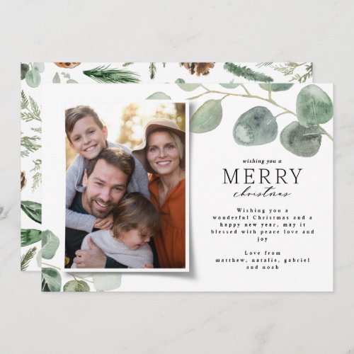 Modern minimal photo Christmas elegant eucalyptus Holiday Card