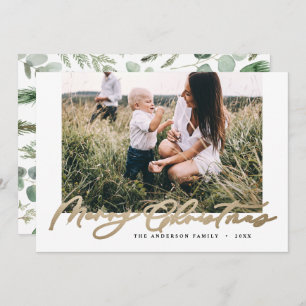 Modern minimal photo Christmas elegant gold script Holiday Card