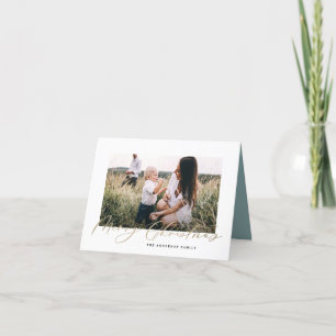 Modern minimal photo Christmas elegant script blue Holiday Card