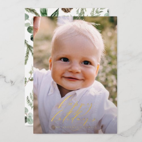 Modern minimal photo Christmas elegant script Foil Holiday Card