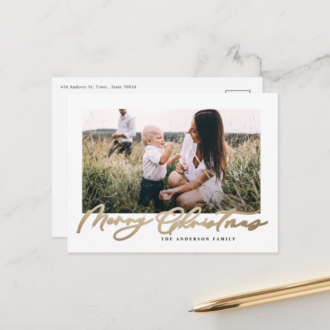 Modern minimal photo Christmas elegant script Holi Holiday Postcard (Front/Back In Situ)