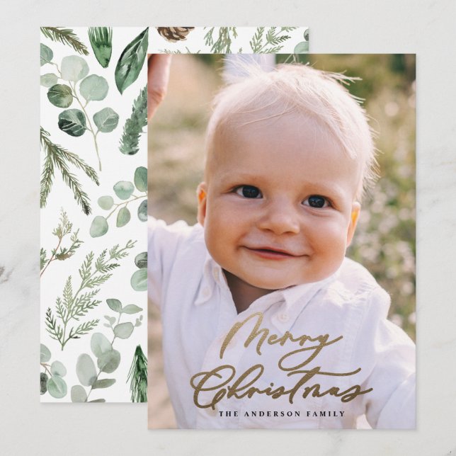 Modern minimal photo Christmas elegant script Holiday Card (Front/Back)