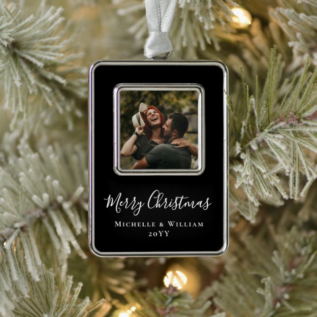 Modern Minimal Photo Christmas Script Black Christmas Ornament (Tree)