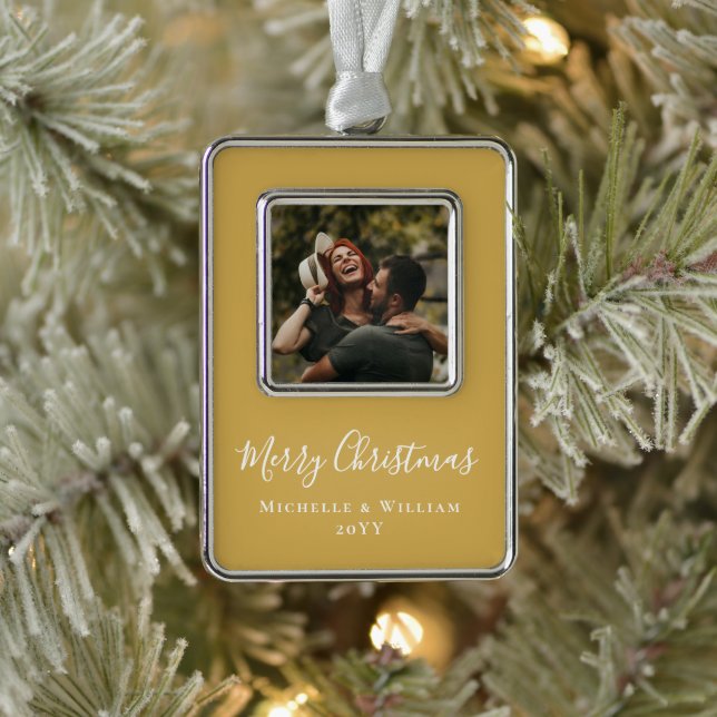 Modern Minimal Photo Christmas Script Gold Ornament (Tree)
