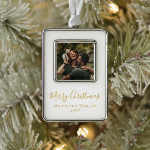 Modern Minimal Photo Christmas Script White Ornament
