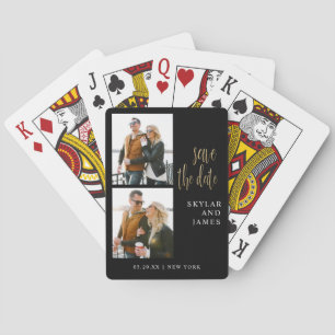 Modern Minimal Photo Collage Black Save The Date Poker Cards
