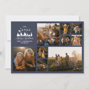 Modern minimal photo collage Christmas navy blue Holiday Card