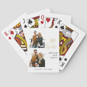 Modern Minimal Photo Collage White Save The Date Poker Cards