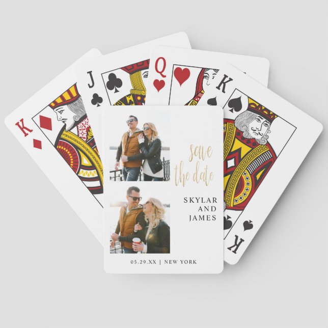 Modern Minimal Photo Collage White Save The Date Poker Cards (Back)