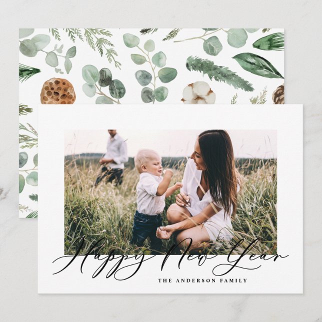 Modern minimal photo elegant script new year holiday card (Front/Back)