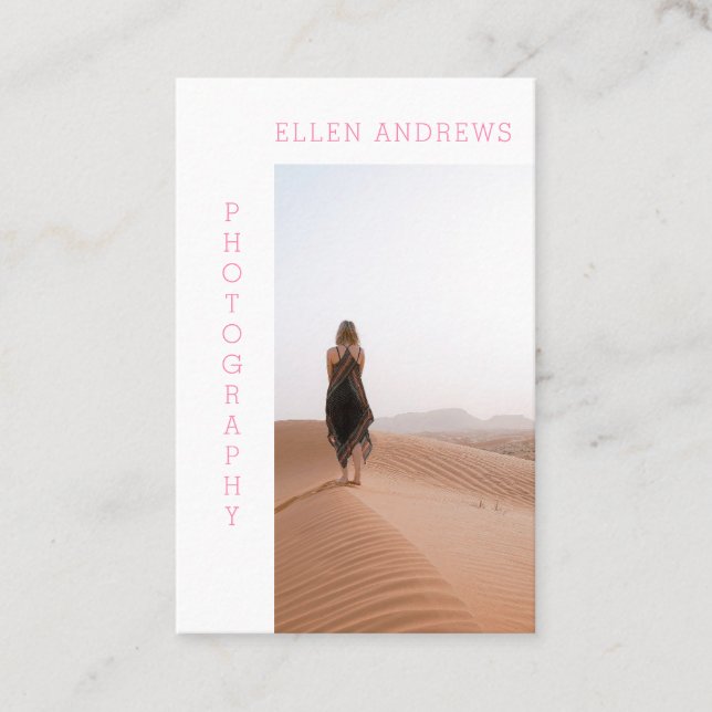 Modern Minimal Photo Pink White business card (Front)