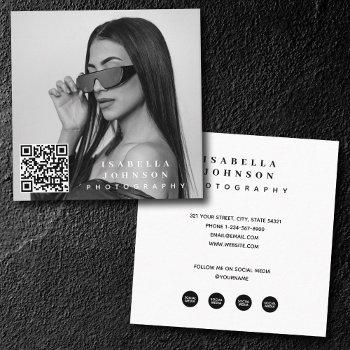 Modern Minimal Photo Qr Code Social Media Icons Square Business Card by idovedesign at Zazzle