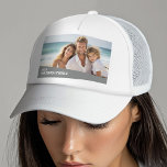 Modern Minimal Photo with Diagonal Color Block Trucker Hat<br><div class="desc">Use a horizontal or landscape photo and make a unique and trendy photo hat. This modern minimal design includes a diagonal color block with text to add any names and text. If you need to move anything around, click on the customize button to make changes.</div>