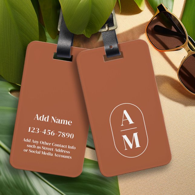 Modern Minimal Pill Monogram - Terra Cotta Luggage Tag (Custom Luggage Tag - Personalized Bag Tag)