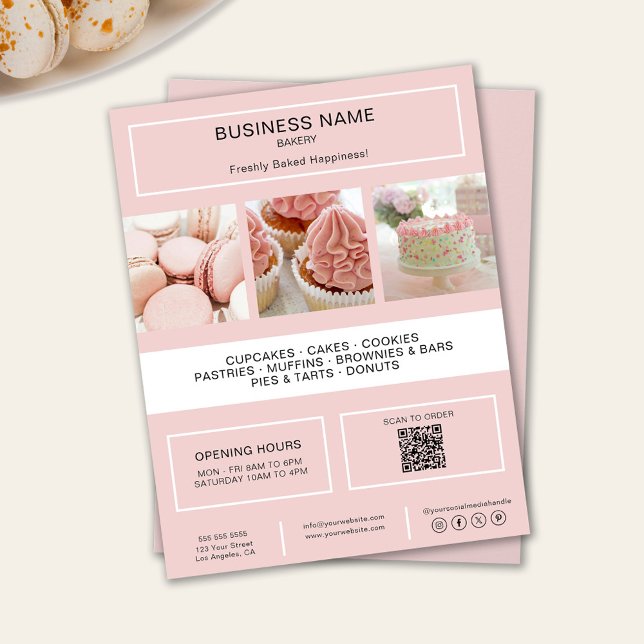 Modern Minimal Pink Bakery Photo QR Flyer (Bakery Custom Photo QR Social Media Icons Flyer)
