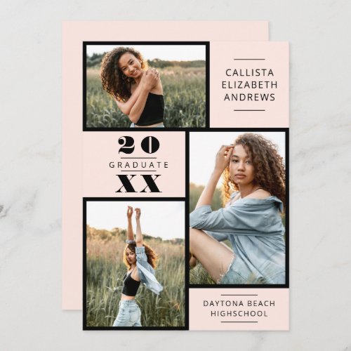 Modern Minimal Pink Black Photo Grid Graduation Invitation