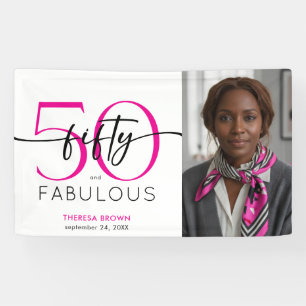 Modern Minimal Pink Fifty Fabulous Script Birthday Banner