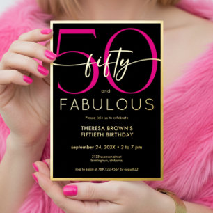 Modern Minimal Pink Fifty Fabulous Script Birthday Foil Invitation