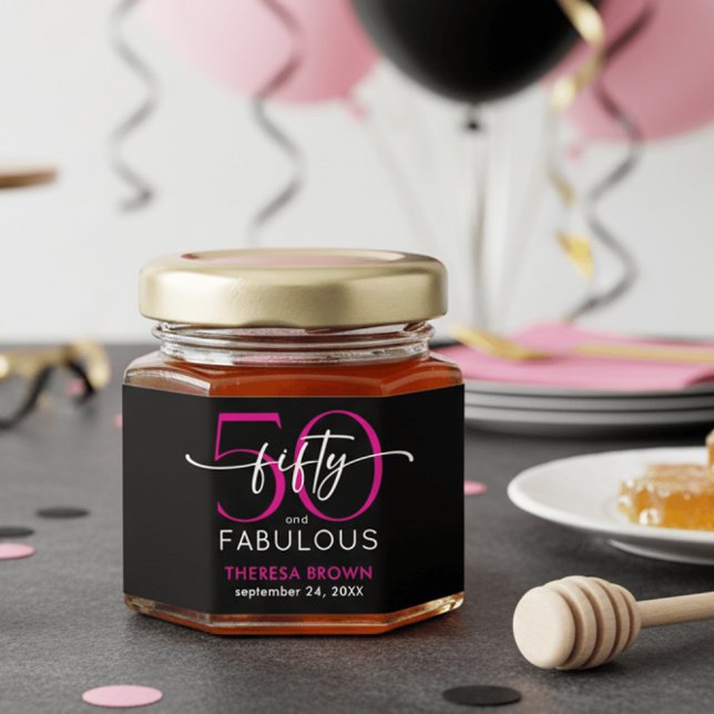 Modern Minimal Pink Fifty Fabulous Script Birthday Honey Jar Favors (Creator Uploaded)