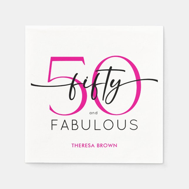 Modern Minimal Pink Fifty Fabulous Script Birthday Napkins (Front)