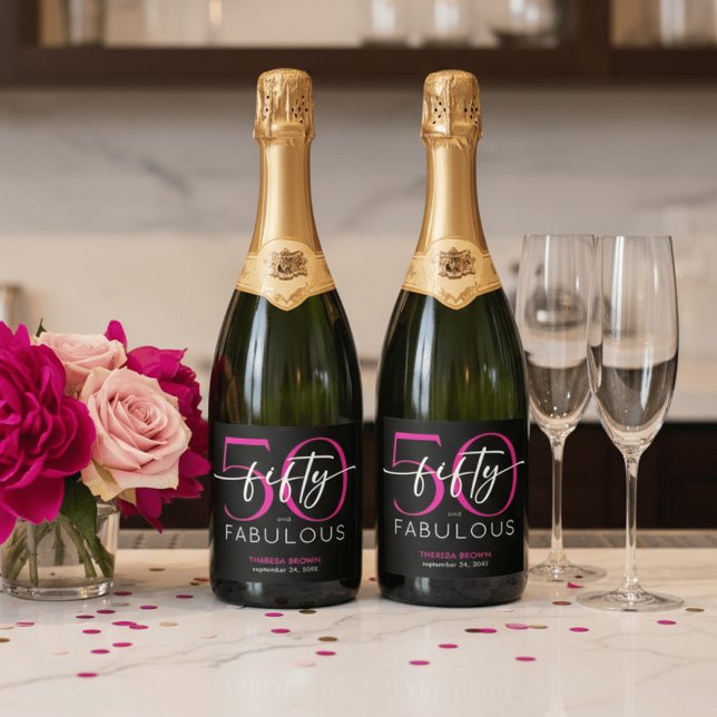 Modern Minimal Pink Fifty Fabulous Script Birthday Sparkling Wine Label (Creator Uploaded)
