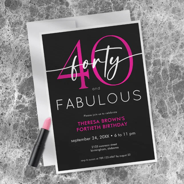 Modern Minimal Pink Forty Fabulous Script Birthday Invitation | Zazzle