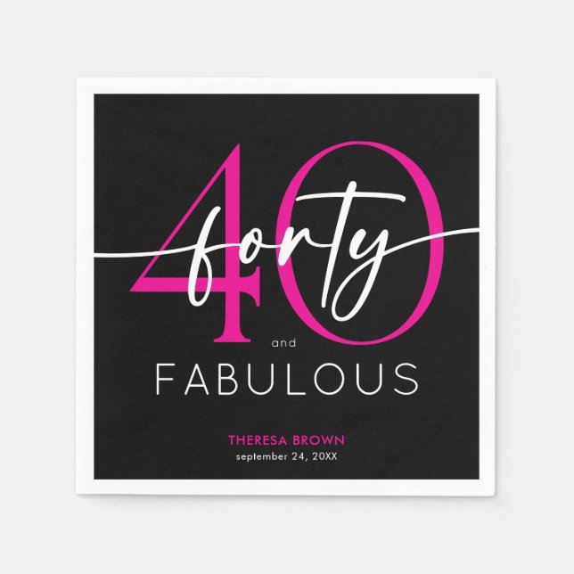 Modern Minimal Pink Forty Fabulous Script Birthday Napkins (Front)