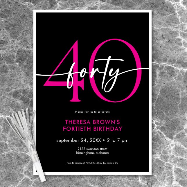 Modern Minimal Pink Forty Script Birthday Invitation (Modern Minimal Pink Forty Script Birthday Invitation)