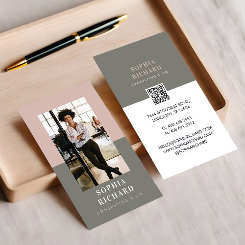 Modern Minimal Pink  Grey Business Photo QR Code Business Card