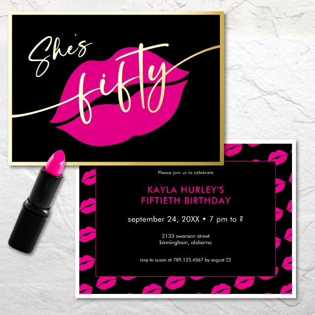 Modern Minimal Pink Lips She's Fifty Birthday Foil Invitation (Modern Minimal Pink Lips She's Fifty Birthday Foil Invitation)