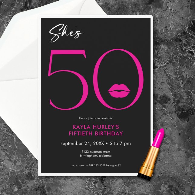 Modern Minimal Pink Lips She's Fifty Birthday Invitation (Modern Minimal Pink Lips She's Fifty Birthday Invitation)