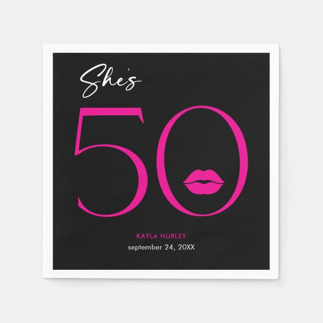 Modern Minimal Pink Lips She's Fifty Birthday Napkins (Front)